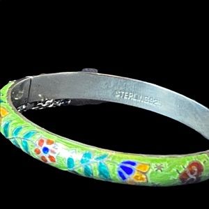 Vintage Sterling Guilloche Cloisonné Floral Enamel Bangle Bracelet